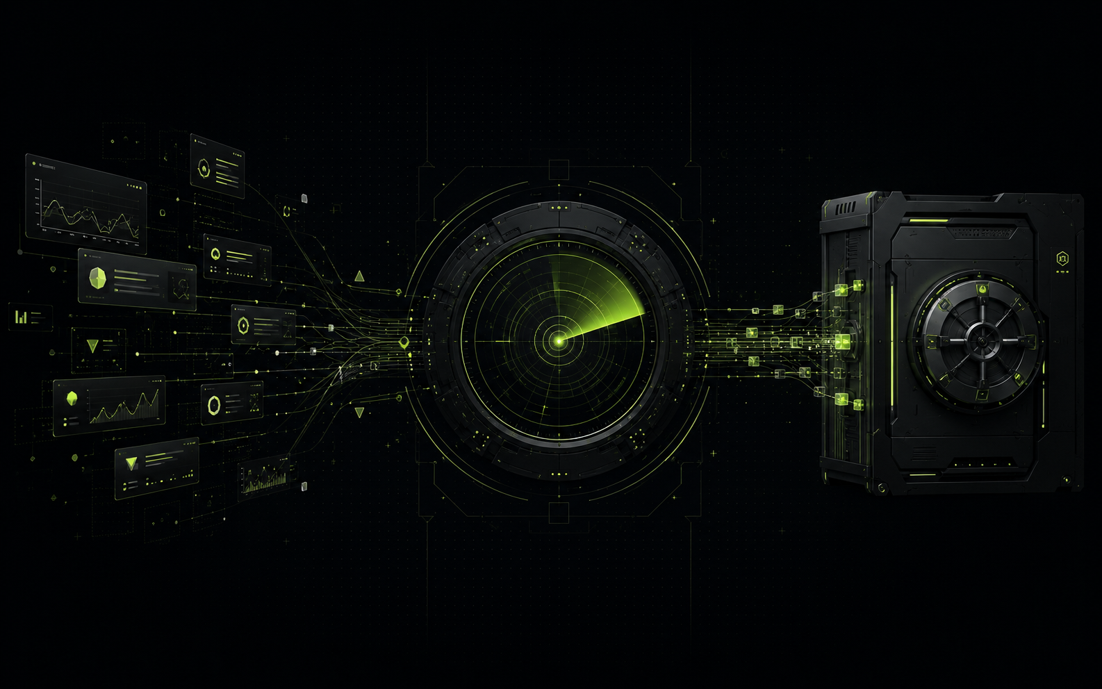 Fluxo visual do mercado passando pelo radar até o Vault privado